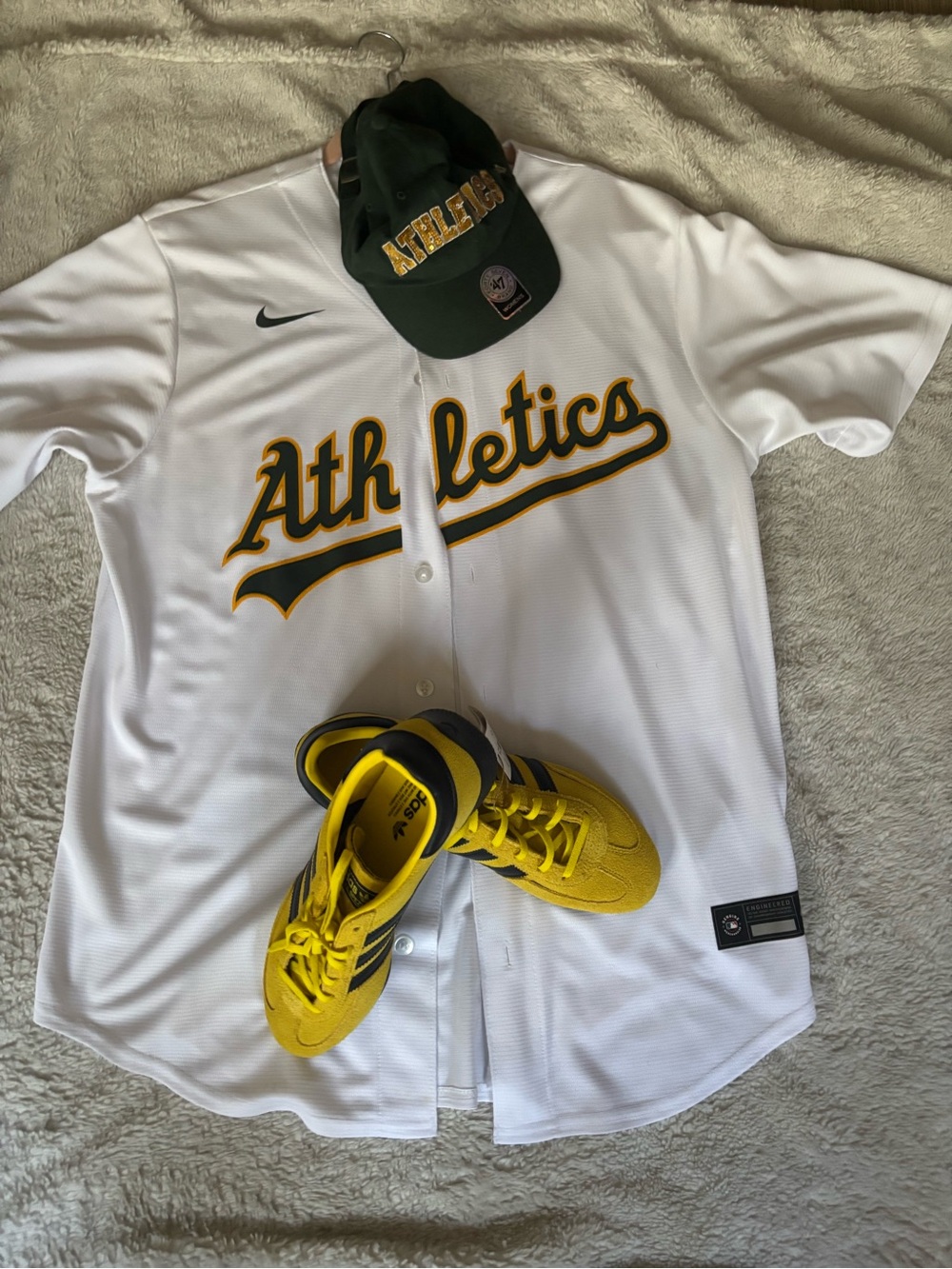 Nike White Oakland Athletics Jersey with Green & Gold Script